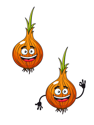 Cartoon vector illustration of two happy smiling fresh onions sprouting green at the top with one cheerfully waving its hands