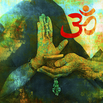Om sign with Buddhist hands.